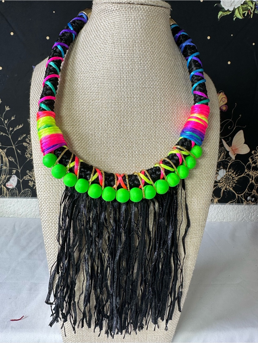 Makarlon Boho Neon Fringe Statement Necklace - Black & Neon Green